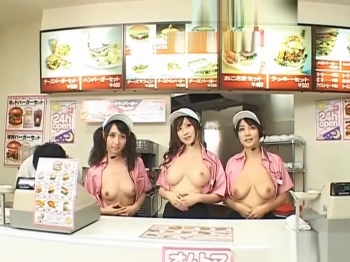 Mesmerized Japanese fast food workers get fucked doggy style in public
