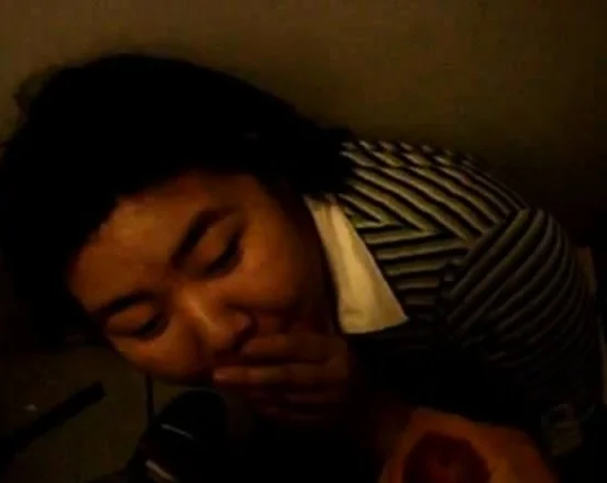Chubby Asian facial in public bathroom
